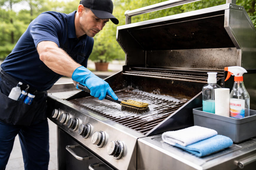 Professional cleaner scrubbing a barbecue grill grate with a brush, with cleaning supplies and towels on the side shelf | BBQ Cleaning