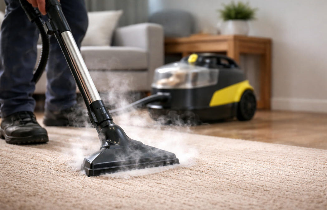 A person using a steam cleaner to deep clean a carpet in a living room, with visible steam lifting dirt and odors