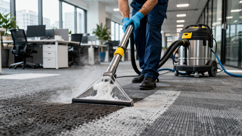 Commercial carpet cleaning in a modern office, technician using a steam extraction wand with a wet vac in the background