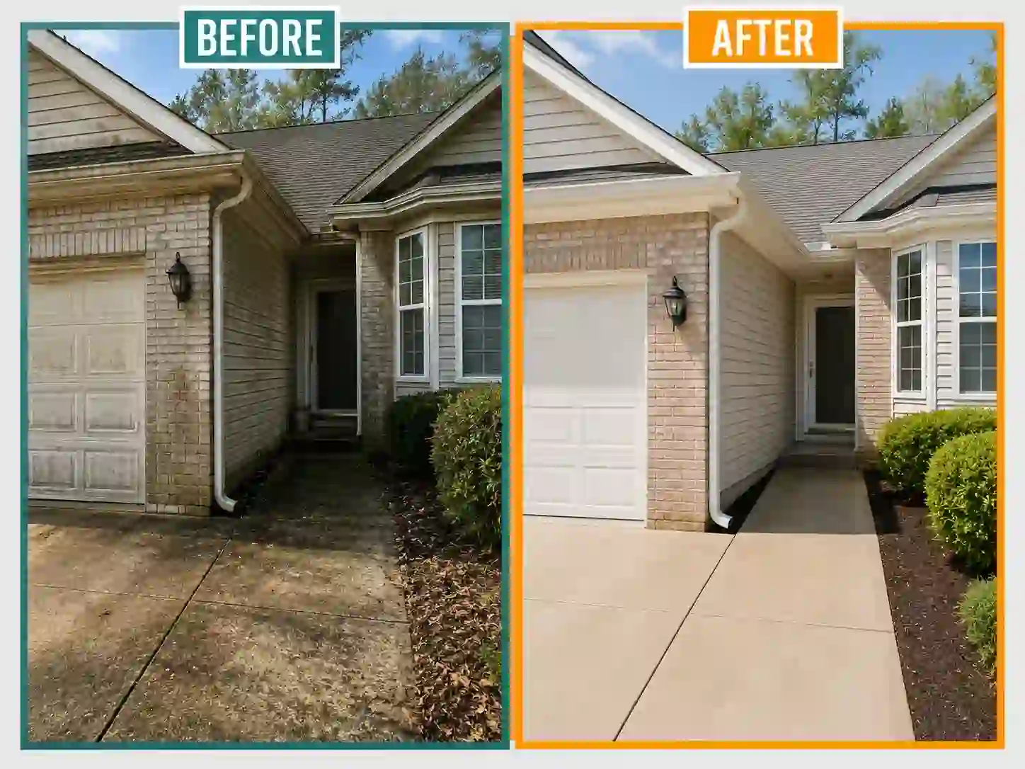 Exterior cleaning before and after showing a stained home exterior, dirty walkway, and grime buildup cleaned into a brighter, well-maintained property.