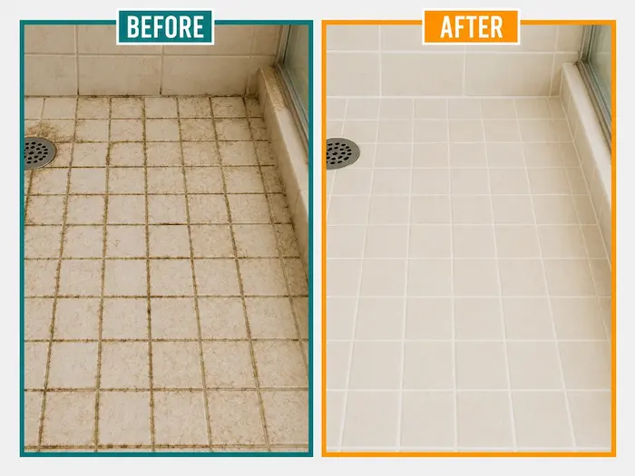 Grout cleaning before and after showing stained shower tile lines restored to cleaner, brighter grout.