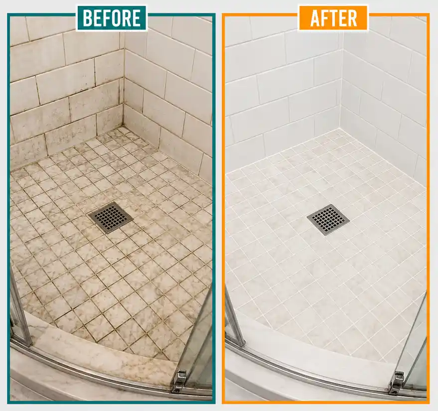 Advanced grout cleaning before and after showing stained shower tile grout restored to cleaner, brighter grout lines.