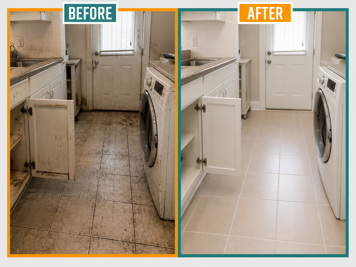 Interior Deep Cleaning Before And After showing a dirty kitchen and laundry area with grime, stained grout, and buildup cleaned into a bright move-in ready space.