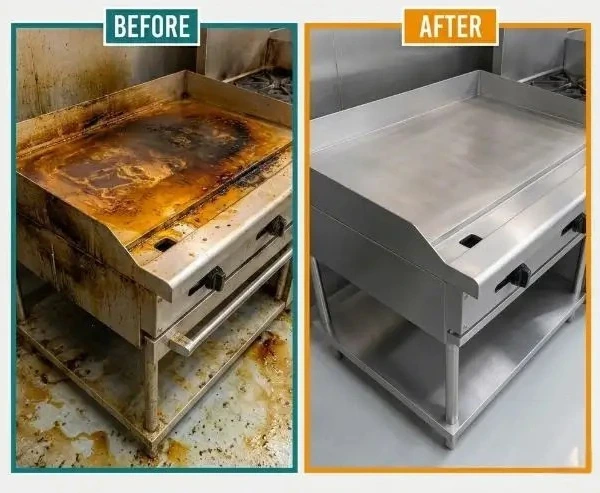 Before and after deep cleaning of a commercial stainless steel kitchen griddle, showing heavy grease and carbon buildup on the left and a fully restored, clean cooktop on the right.