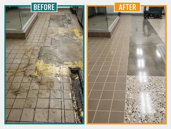 Commercial Tile and Terrazzo Floor Before and After Restoration Before and after floor care and restoration of a commercial tile and terrazzo floor, showing damaged tile, adhesive residue, and heavy soiling on the left and a clean, polished, restored floor on the right.