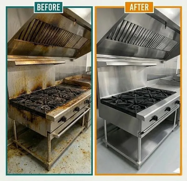 Before and after deep cleaning of a commercial kitchen gas range and exhaust hood, showing heavy grease and carbon buildup on the left and clean, restored stainless steel burners and hood on the right.