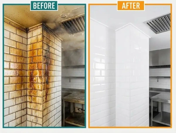 Before and after deep cleaning of commercial kitchen tiled walls and grout, showing heavy grease, soot, and staining on the left and clean white tile with restored grout on the right.