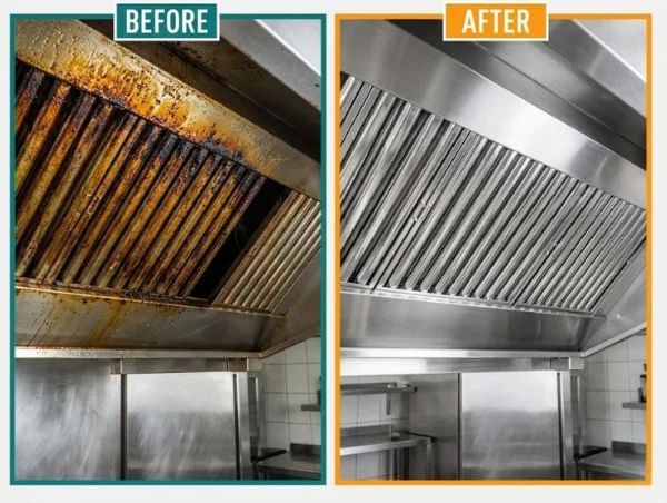 Before and after deep cleaning of a commercial kitchen exhaust hood and filters, showing heavy grease and carbon buildup on the left and clean, restored stainless steel on the right.