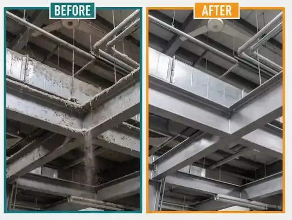 Before and after high-level cleaning of overhead beams, ductwork, and pipes in a commercial or industrial space, showing heavy dust buildup on the left and clean, dust-free structures on the right.