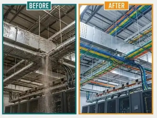 Before and after high-level cleaning of overhead cable trays, conduit, and server room infrastructure, showing heavy dust buildup on the left and clean, dust-free cabling and structures on the right.