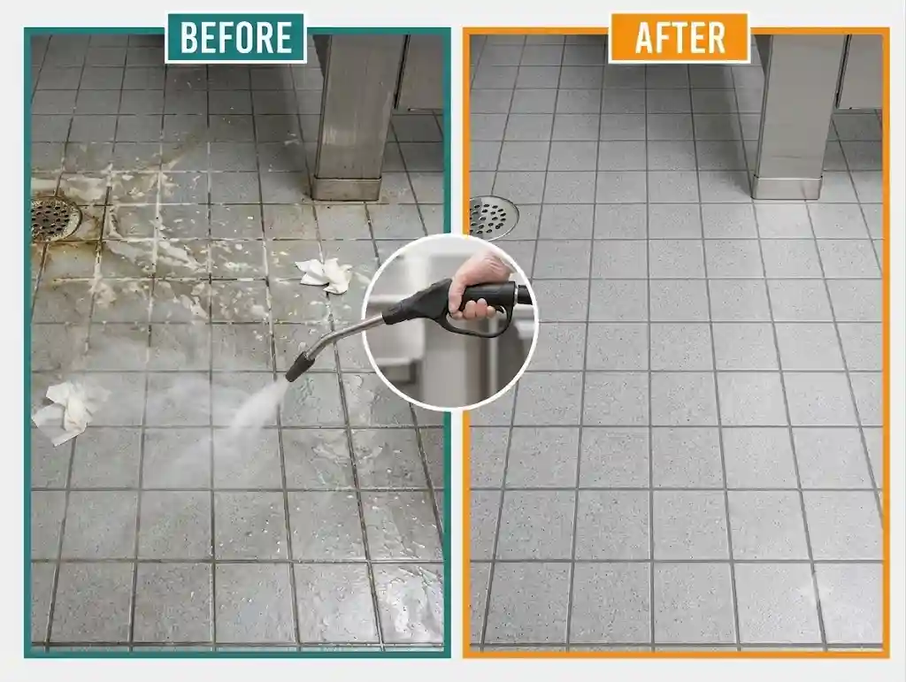 Commercial Washroom Tile Floor Before and After Steam Cleaning Before and after steam cleaning of a commercial washroom tile floor and grout, showing grime, staining, and debris around the drain on the left and clean tile with restored grout lines on the right, with a steam cleaning nozzle shown in the centre.