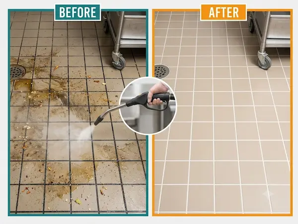 Commercial Kitchen Tile Floor Before and After Steam Cleaning Before and after steam cleaning of a commercial kitchen tile floor and grout, showing food debris, grease, and staining on the left and clean tile with restored grout lines on the right, with a steam cleaning nozzle shown in the centre.